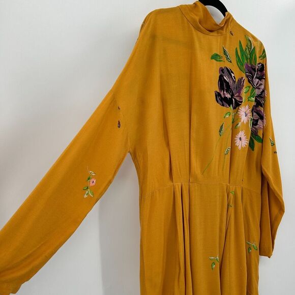 FREE PEOPLE Mustard Yellow Purple Floral Long Sleeve Open Back Mini Dress Large - Picture 7 of 9